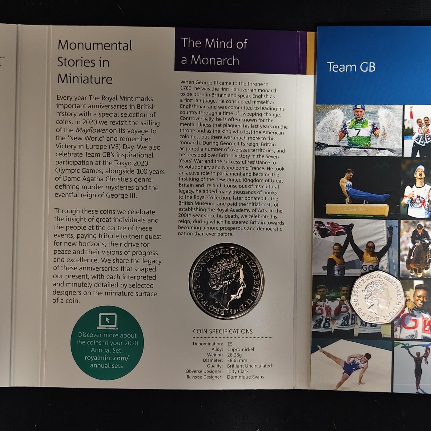 【全场包邮】纯粹捡漏拍485场（免费代拍第22场） 英国2020年官方封装套币-含盾徽版套币+5镑乔治三世逝世200周年+2镑欧洲胜利日75周年+2镑阿加莎·克里斯蒂女士第一部小说100周年+2镑五月花号400周年+50便士东京奥运会英国代表队5枚纪念币