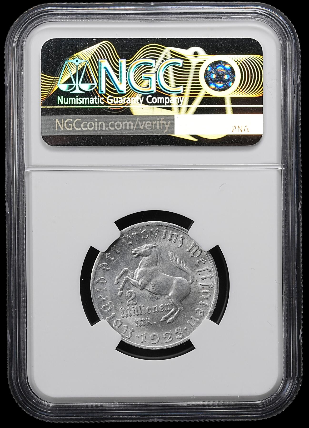 修遠堂世界钱币第九十七期 NGC MS62 1923年德国紧急时期威斯特法伦200万马克铝质马币