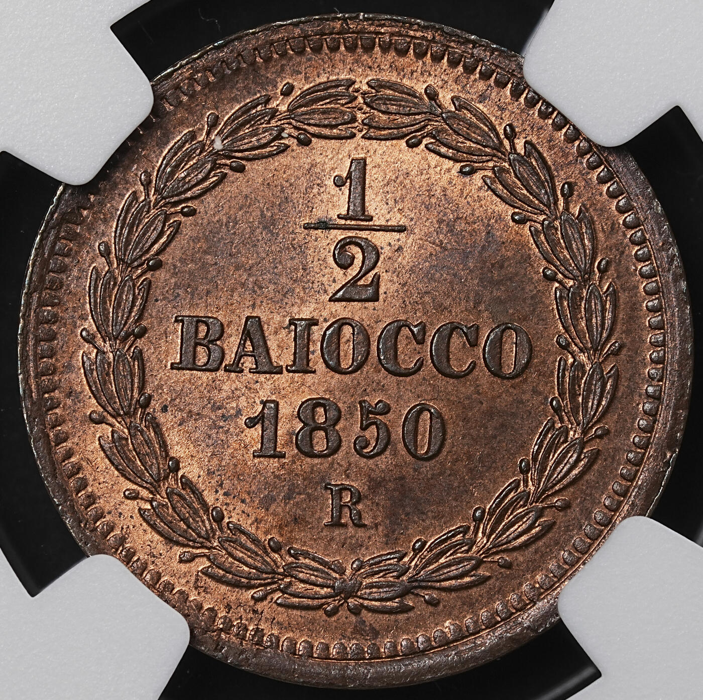 修遠堂世界钱币第九十七期 NGC MS65RB 1850年教皇国 1/2 BAIOCCO铜币 冠军分