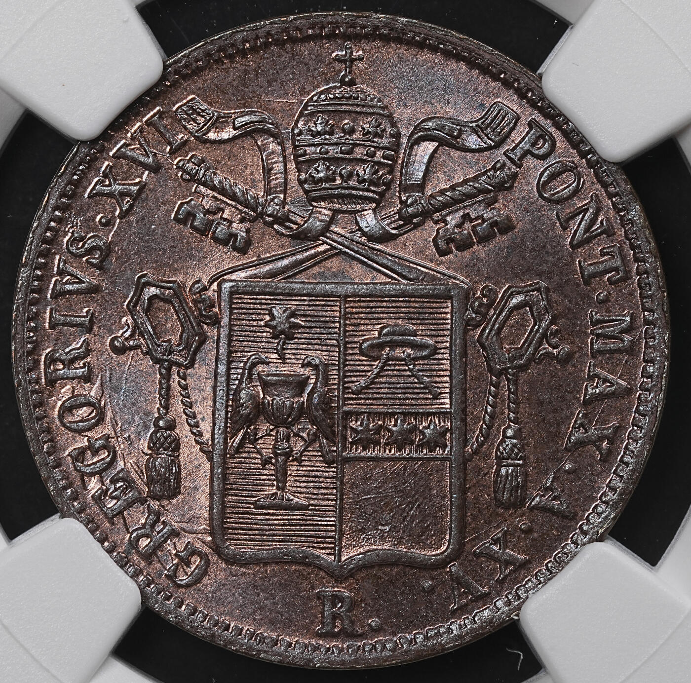 修遠堂世界钱币第九十七期 NGC MS65BN 1845年教皇国1 BAIOCCO铜币 唯一冠军分