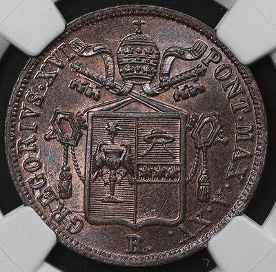 修遠堂世界钱币第九十七期 - NGC MS65BN 1845年教皇国1 BAIOCCO铜币 唯一冠军分