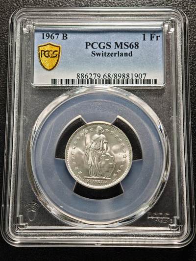 【德藏】世界币章拍卖第157期（拍品征集中~欢迎藏友联系） - 1967年 瑞士1法郎银币 PCGS MS68 该面值最后一年银币 原光极强 转光十足