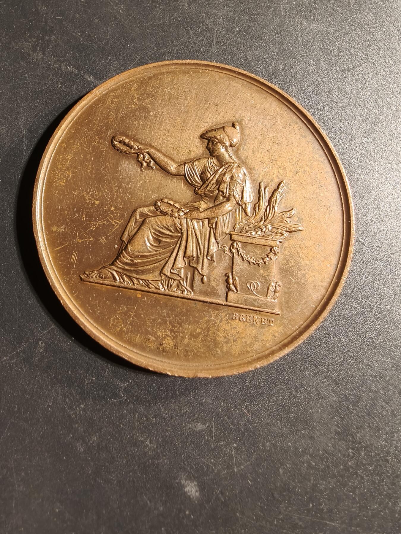 老王徽章第169期 法国1966年PHÉNIX-VIE保险公司竞赛大铜章    坐姿玛丽安娜    直径60mm.    重量90g
