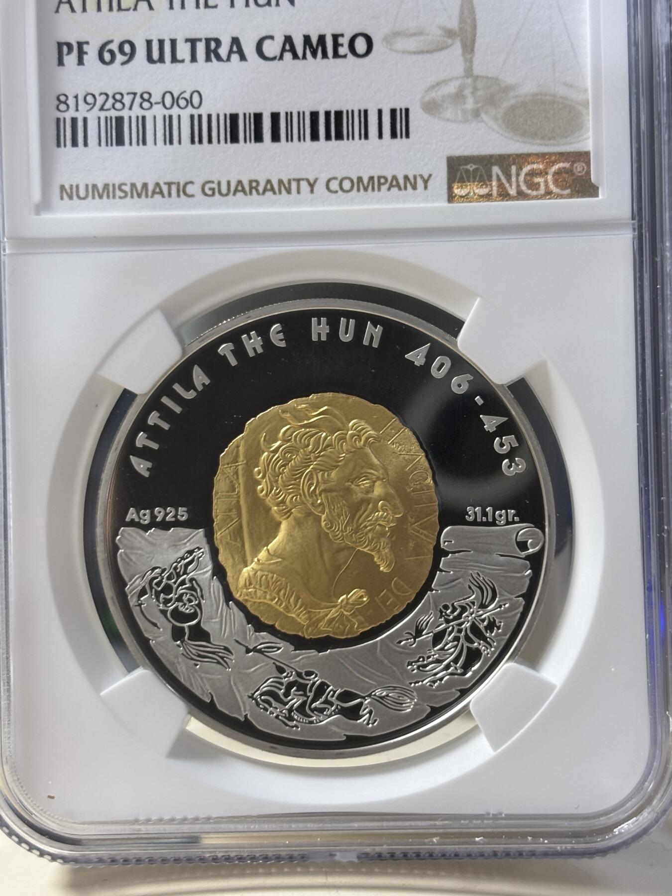 第184期拍卖 获奖哈萨克斯坦2009年匈奴王阿提拉银币NGC-PF69无盒无证书，925银镀金，发行13000枚，2010年硬币之星世界纪念币大赛 年度最佳硬币大奖 第3名；2011年度世界硬币大奖“最佳历史意义币”