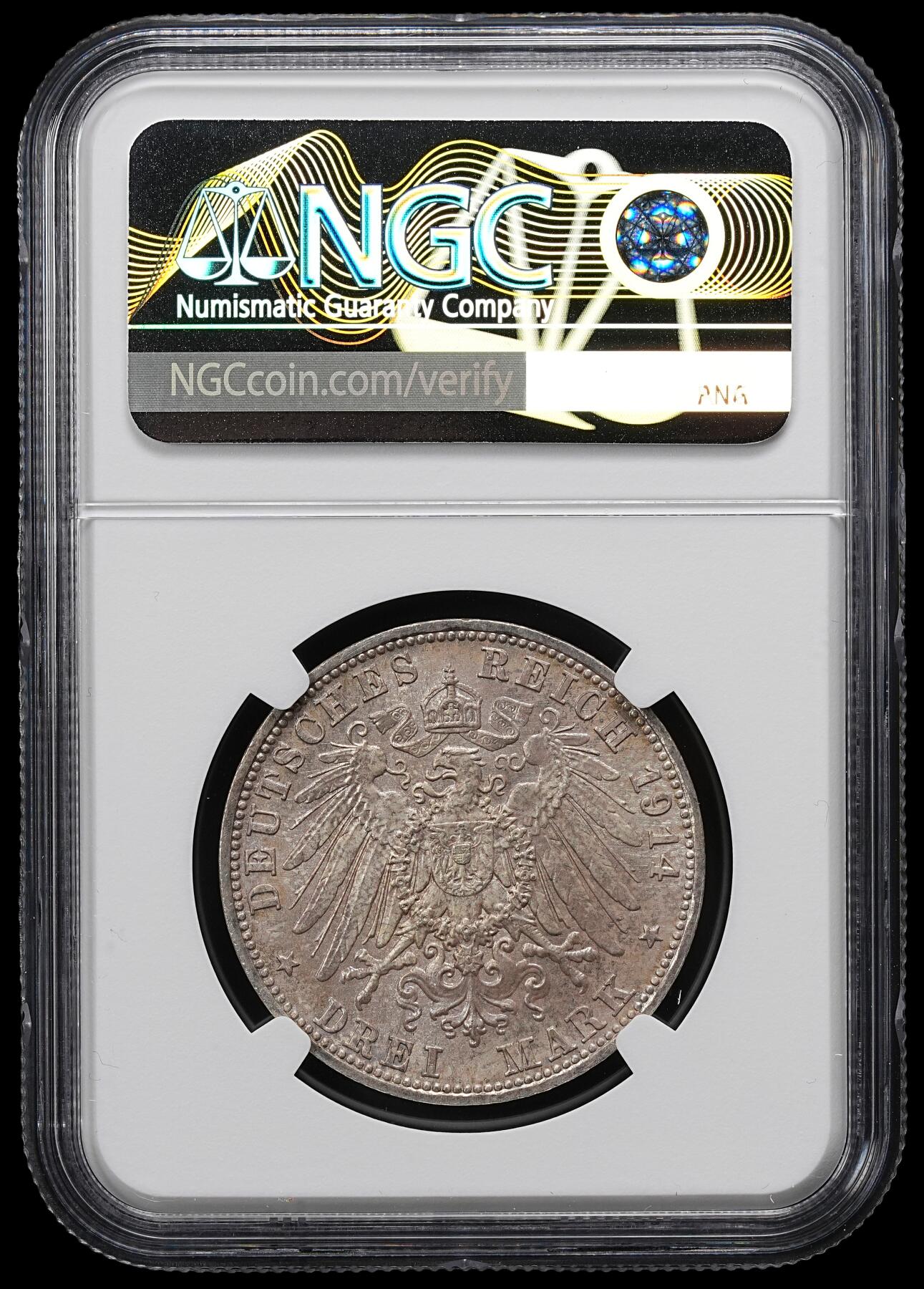 修遠堂世界钱币第九十七期 NGC MS64 1914年巴伐利亚3马克银币 纸袋包浆