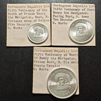【德藏】世界币章拍卖第157期（拍品征集中~欢迎藏友联系） - 1960年 葡萄牙航海家亨利王子逝世500周年纪念银币5、10、20埃斯库多 老藏家纸袋 详细尺寸请看拍品介绍
