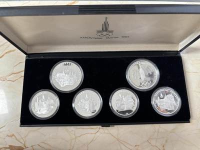 第184期拍卖 - 苏联1980年莫斯科奥运会纯银纪念银币6枚套带盒，2大4小，总计131.96克银价1770