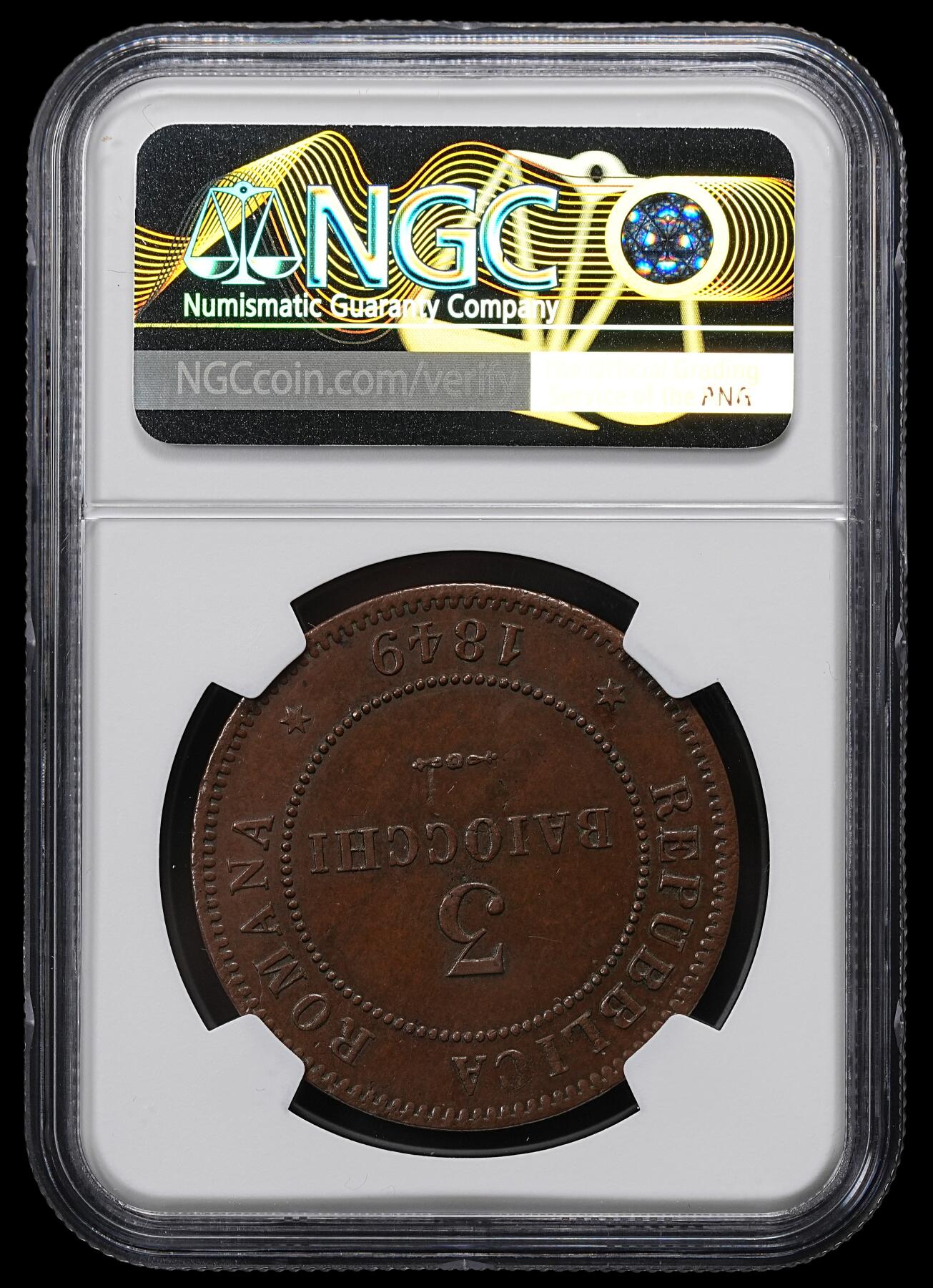 修遠堂世界钱币第九十七期 NGC MS63BN 1849年罗马共和国3 BAIOCCHI大铜币 稀少品种 