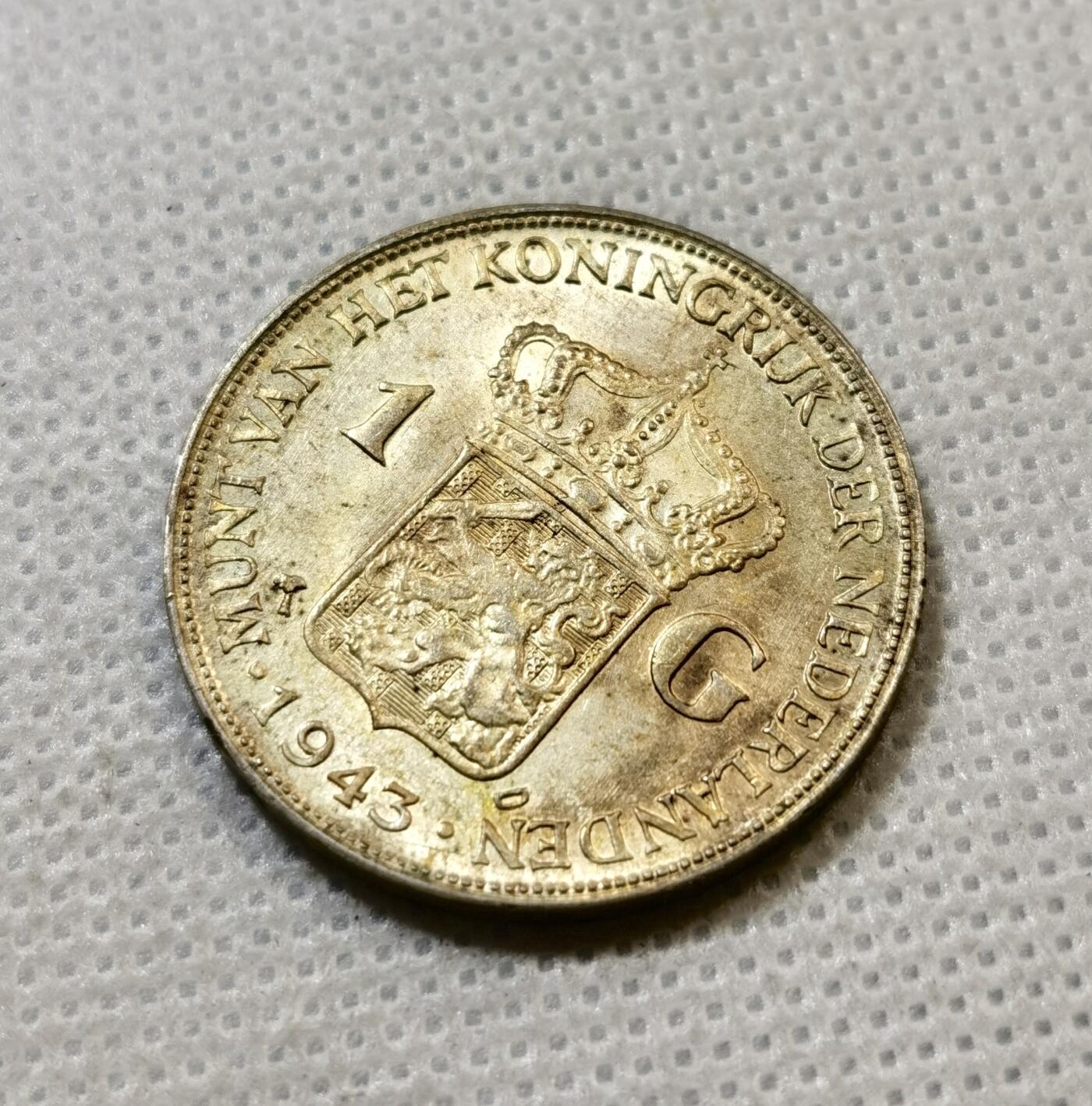 甄臻铺-世界币章拍卖（第43期）送拍享返佣金等优惠多多 UNC 荷属东印度1943年1盾银币 绝美黄油转光，细节见图