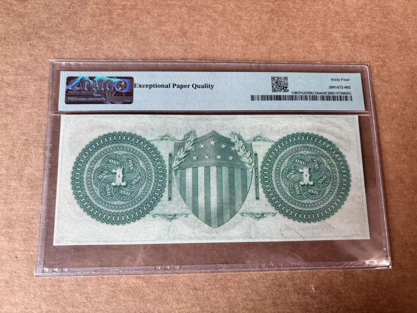 【Blue Auction】世界纸币精拍第761期——18级TOP拍卖/信誉/品质/专业/高效💫 【带签名】美国 新泽西州 1860年代1美金 PMG64EPQ 大票幅 双面雕刻
