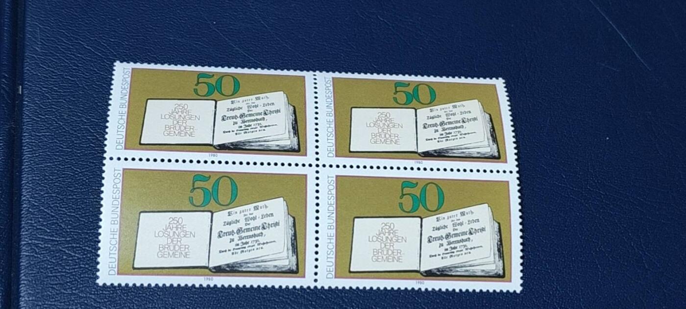 德国邮票专场，都是四方联 德国邮票四方联，1980年发行， 第250版《圣经格言》。品相如图