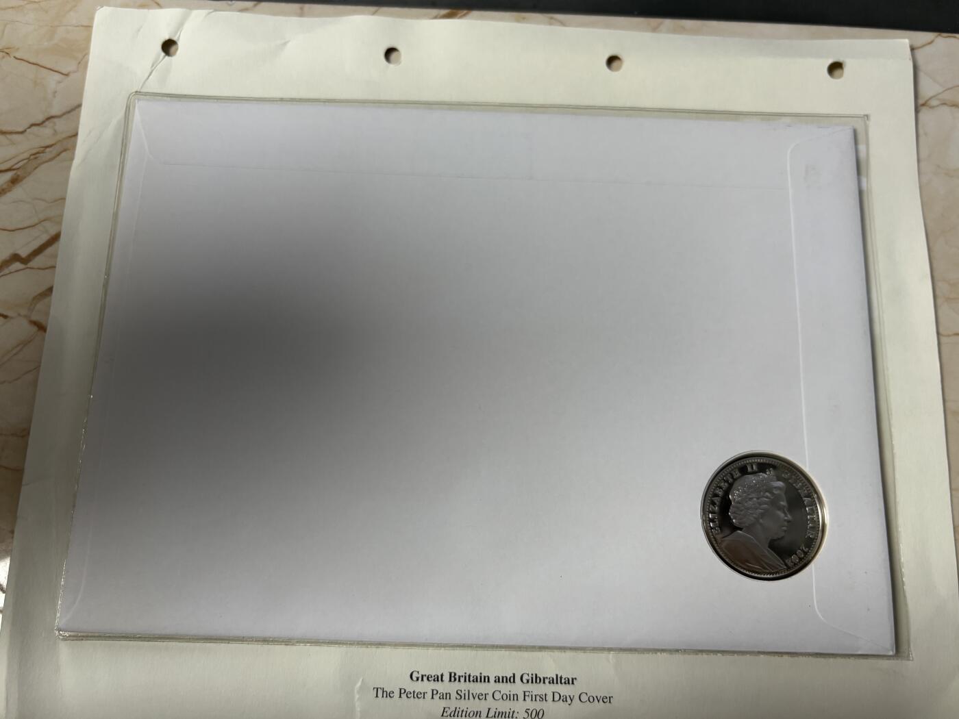 第185期拍卖 直布罗陀2002年《彼得·潘》小飞侠纪念银币首日封，925银，28.28克【银价378】