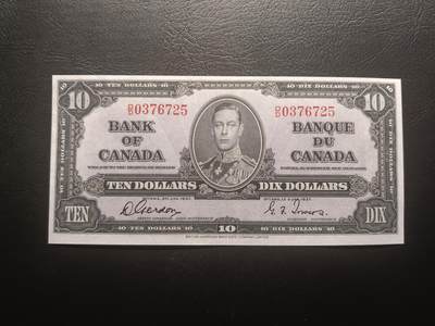 2025十二月第三期，总208期 - 加拿大1937版10元UNC-，乔治六世国王和商业神墨丘利，稀有中高面值品种