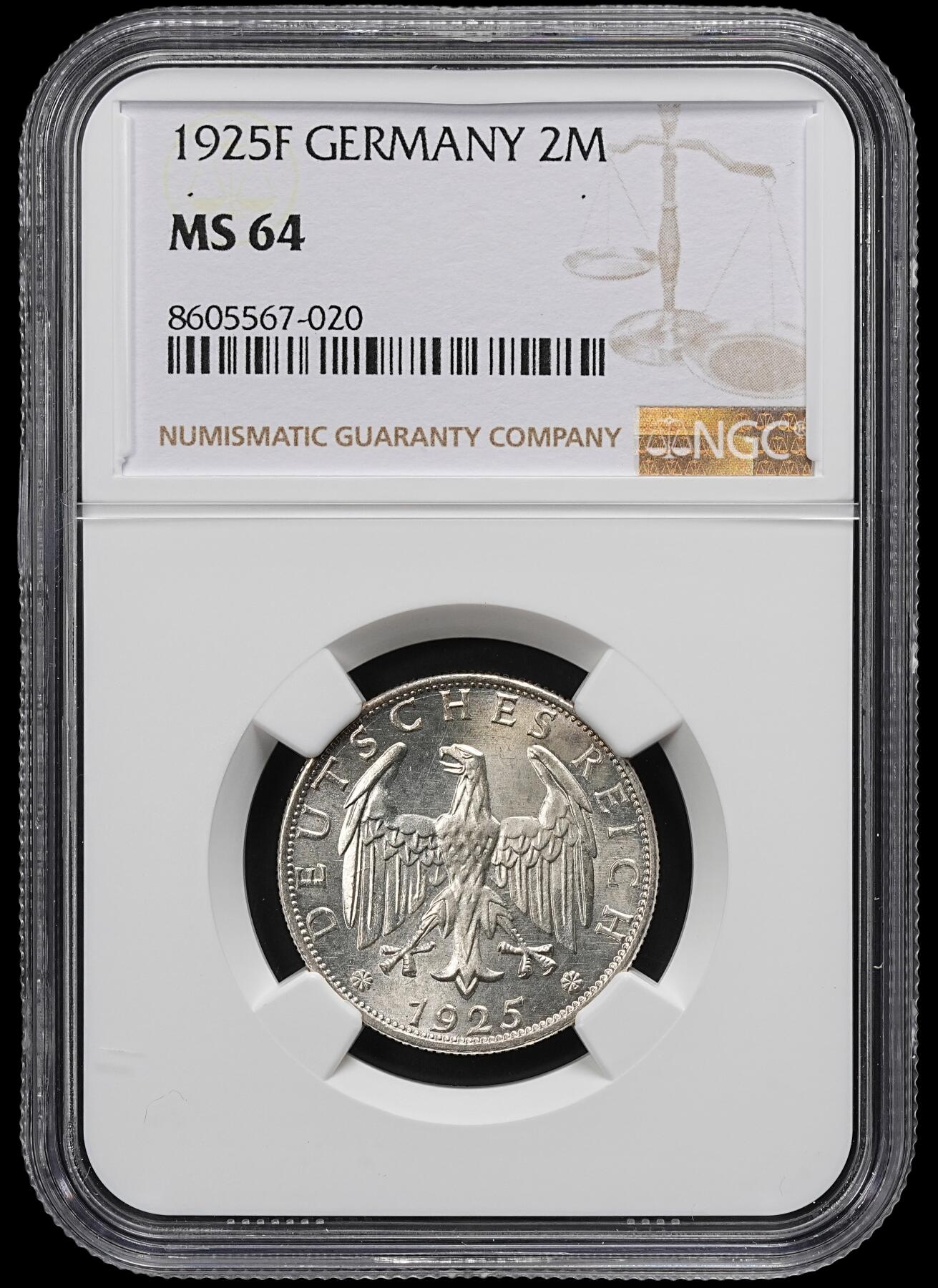 修遠堂世界钱币第九十七期 NGC MS64 1925年德国魏玛政府2马克银币 F厂铭 较少见年代厂铭
