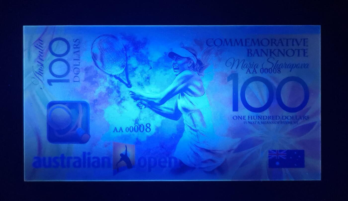 《艾美收藏》第224期-12.14周日外币超白金场 莎拉波娃2023年澳网纪念钞AA冠100元UNC超靓00008号 左下角极轻微压痕