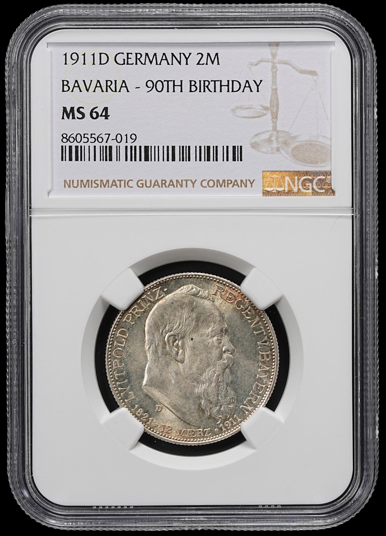 修遠堂世界钱币第九十七期 NGC MS64 1911年巴伐利亚摄政王90大寿纪念2马克银币