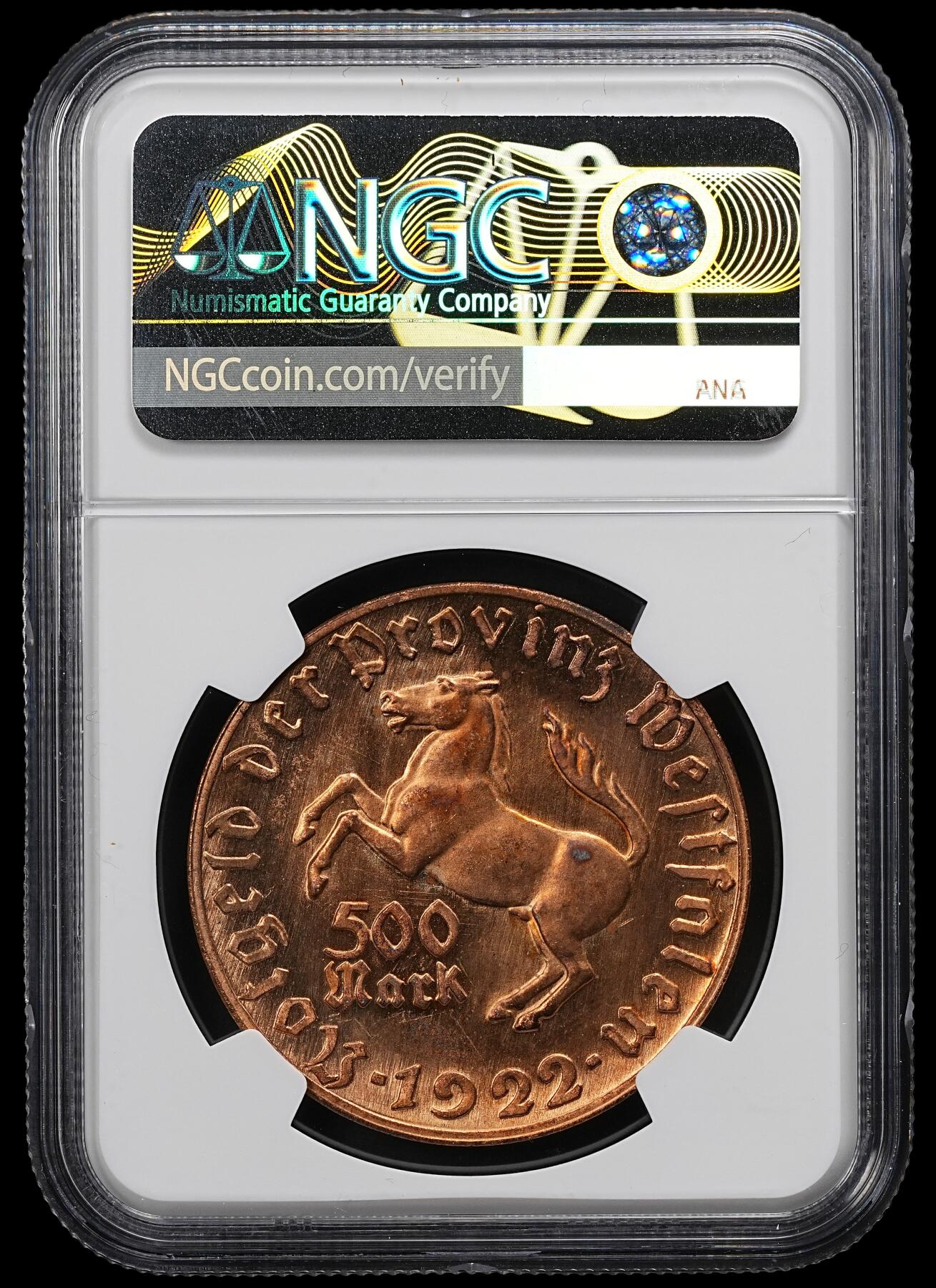 修遠堂世界钱币第九十七期 NGC MS62 1922年德国紧急时期威斯特法伦500马克铜鎏金马币
