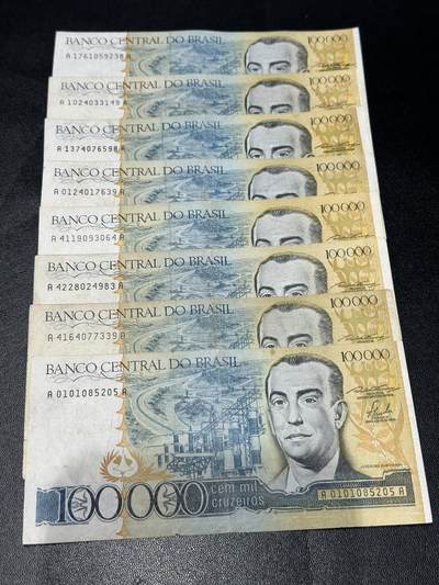 《外钞收藏家》第五百九十三期（精品场）（本平台长期征集拍品、欢迎藏友们联系合作） - 巴西10万面额 8张一起 非全新 品相如图