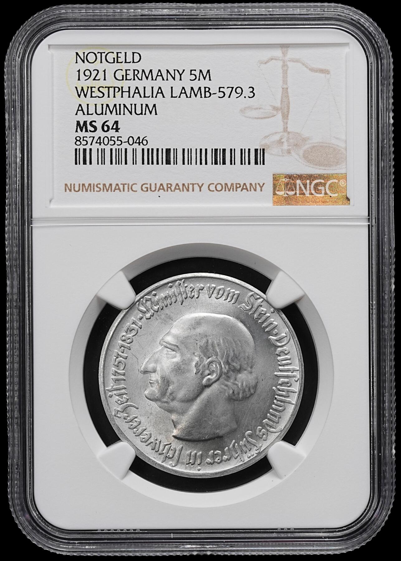 修遠堂世界钱币第九十七期 NGC MS64 1921年德国紧急时期威斯特法伦5马克铝质马币
