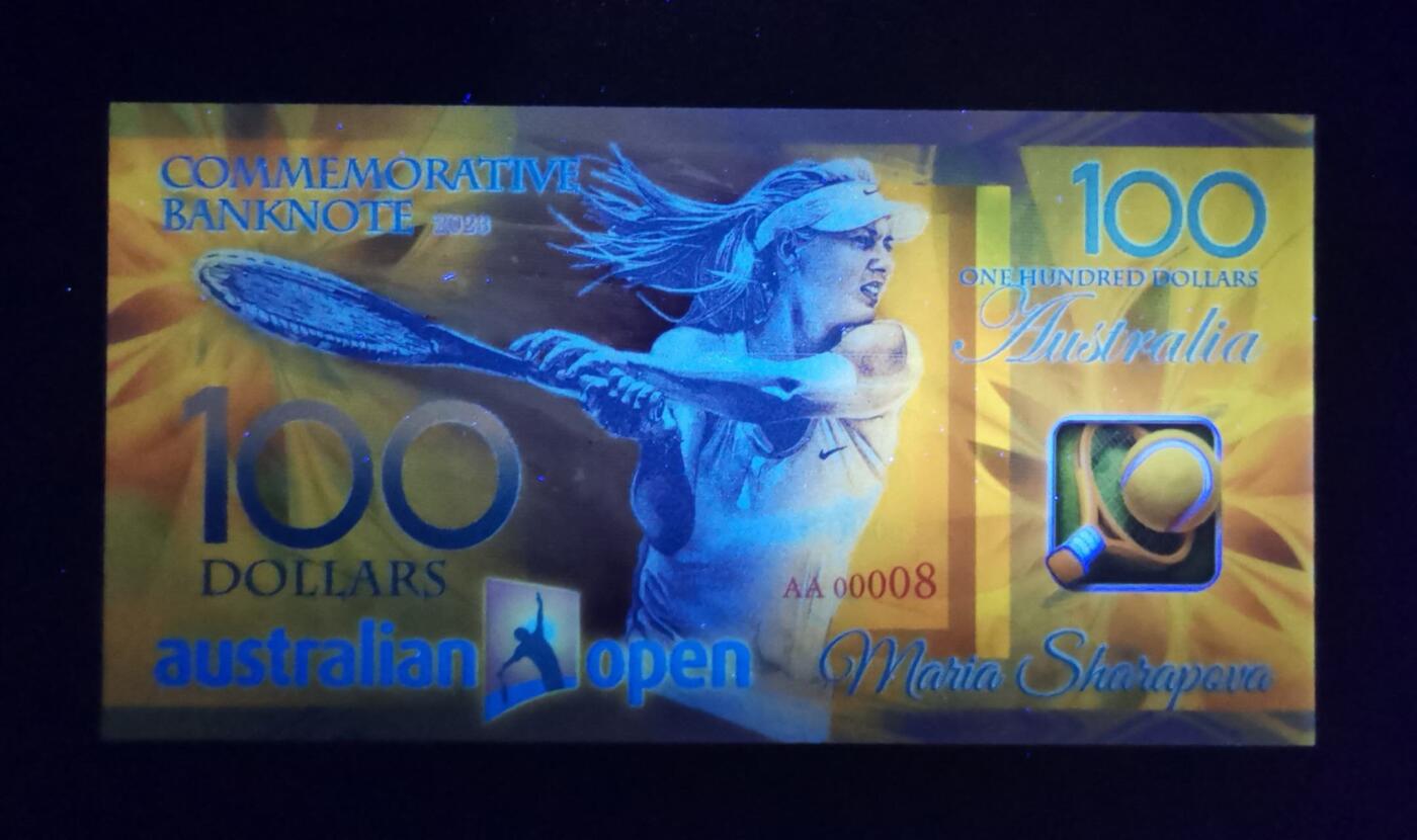 《艾美收藏》第224期-12.14周日外币超白金场 莎拉波娃2023年澳网纪念钞AA冠100元UNC超靓00008号 左下角极轻微压痕