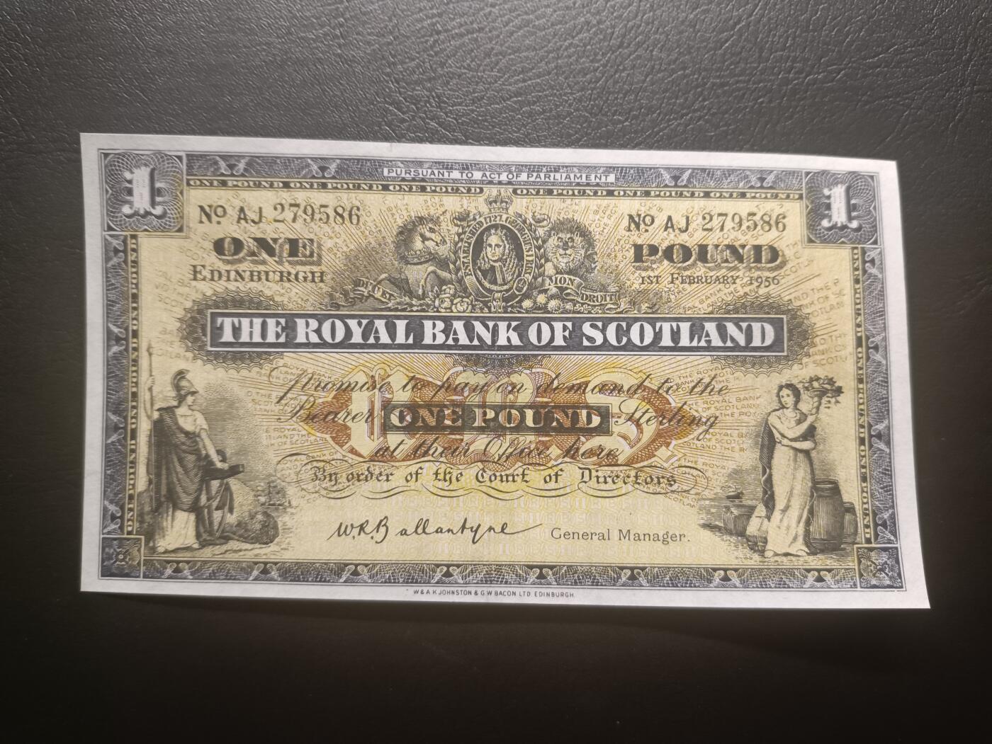 2025十二月第三期，总208期 苏格兰皇家银行1956年AUNC，不列颠女神和拿花女神/爱丁堡和格拉斯哥的分行，早期大票幅版本