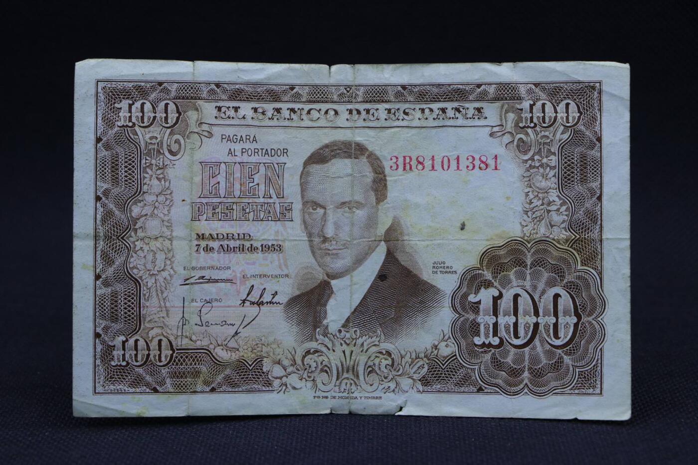 【淘币小摊】限时拍第八百二十八拍  纸币场  满百包邮可预留两周  周一统一发货    西班牙1953年100比赛塔纸币【有折】