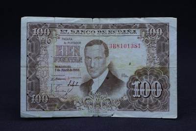 【淘币小摊】限时拍第八百二十八拍  纸币场  满百包邮可预留两周  周一统一发货  -   西班牙1953年100比赛塔纸币【有折】