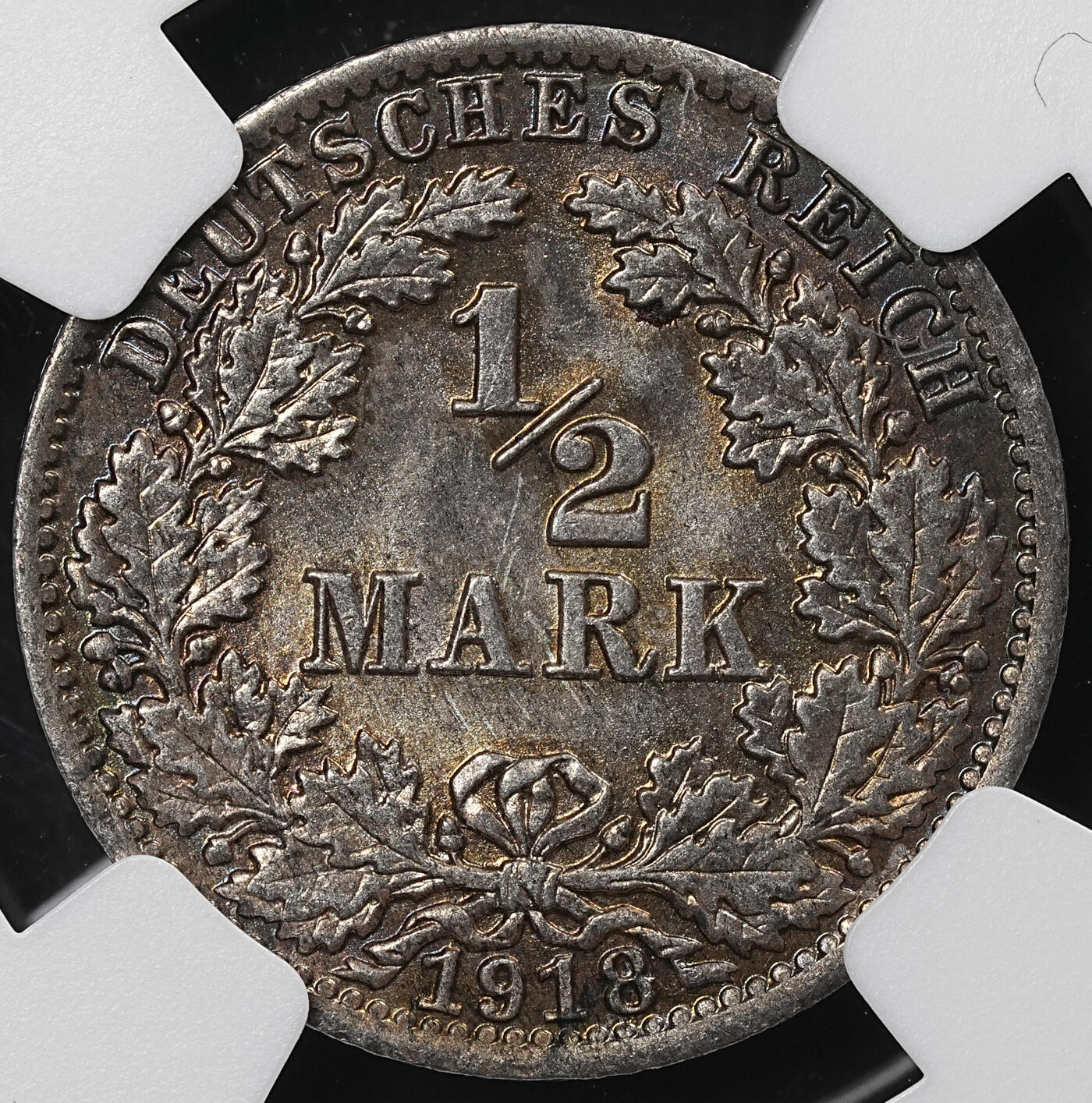 修遠堂世界钱币第九十七期 NGC MS65 1918年德国1/2马克银币 A厂铭 黑彩