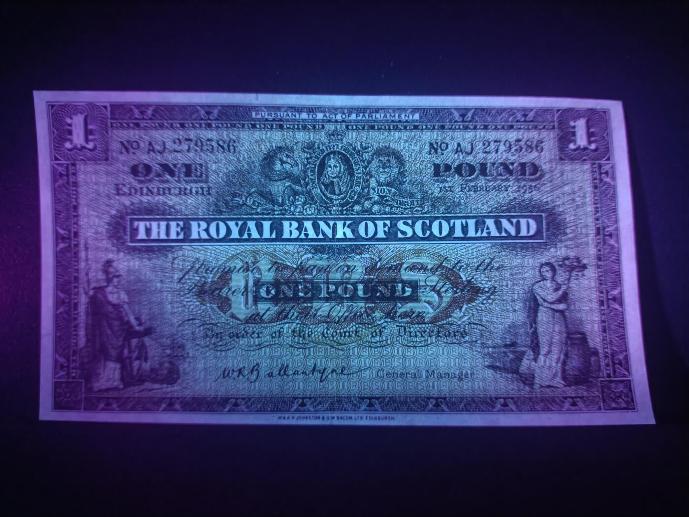 2025十二月第三期，总208期 苏格兰皇家银行1956年AUNC，不列颠女神和拿花女神/爱丁堡和格拉斯哥的分行，早期大票幅版本