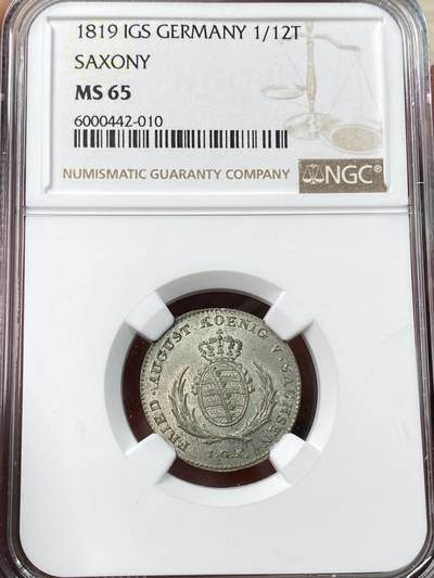 万国钱币拍卖第057期（万国冬季大拍） - NGC MS65 1819年德国萨克森1/12皇冠版泰勒 BU原味青灰色包浆收藏级