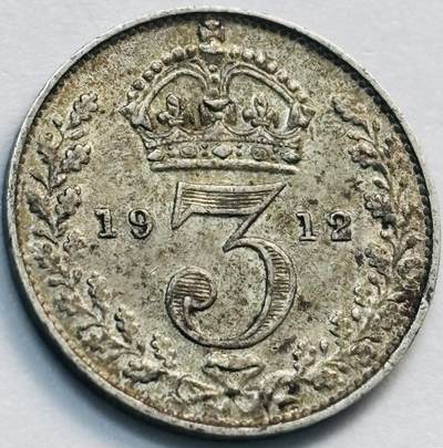 文馨钱币收藏第 285 场，【 长期接收代拍品】银币，评级币，散币场 - 早期美品 1912 年英国乔治五世 3 便士银币 925 高银