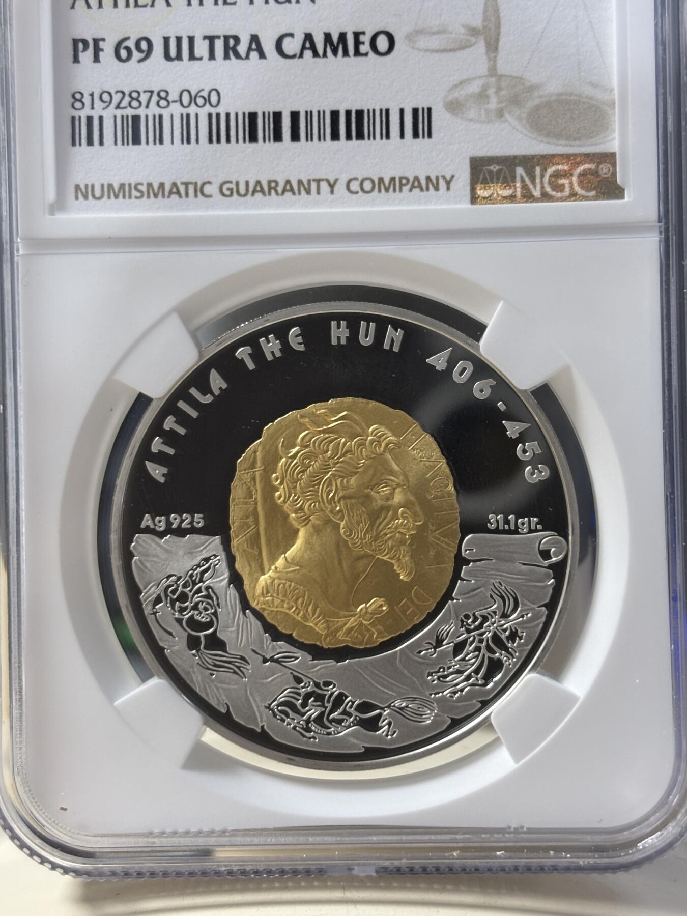 第184期拍卖 获奖哈萨克斯坦2009年匈奴王阿提拉银币NGC-PF69无盒无证书，925银镀金，发行13000枚，2010年硬币之星世界纪念币大赛 年度最佳硬币大奖 第3名；2011年度世界硬币大奖“最佳历史意义币”