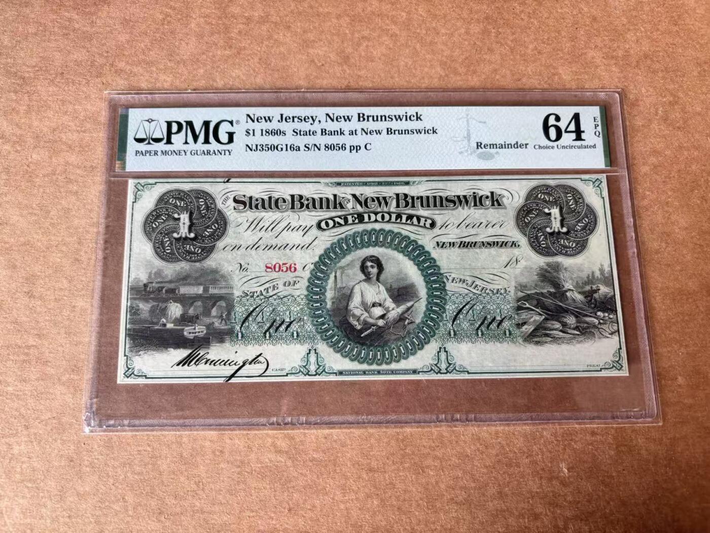 【Blue Auction】世界纸币精拍第761期——18级TOP拍卖/信誉/品质/专业/高效💫 【带签名】美国 新泽西州 1860年代1美金 PMG64EPQ 大票幅 双面雕刻