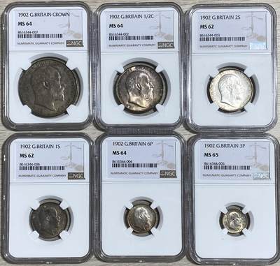 万国钱币拍卖第057期（万国冬季大拍） - NGC MS62~64 1902年英国爱德华七世流通6枚套币 全套MS品相无忧 主币克朗64尤其难得 原味天鹅绒彩 一步到位的小全套资源