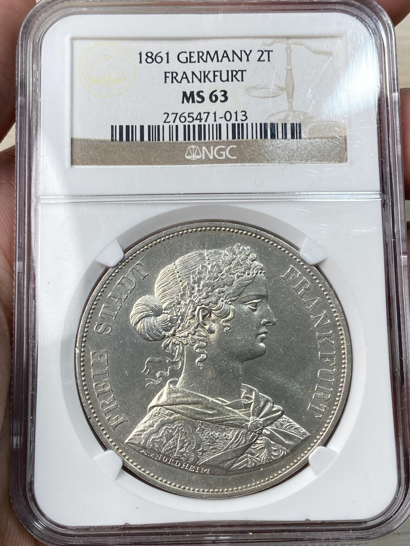 万国钱币拍卖第057期（万国冬季大拍） NGC MS63 1861年德国法兰克福少女流通2泰勒 经典NGC老盒法兰城少女2T 银霜转光极美收藏级