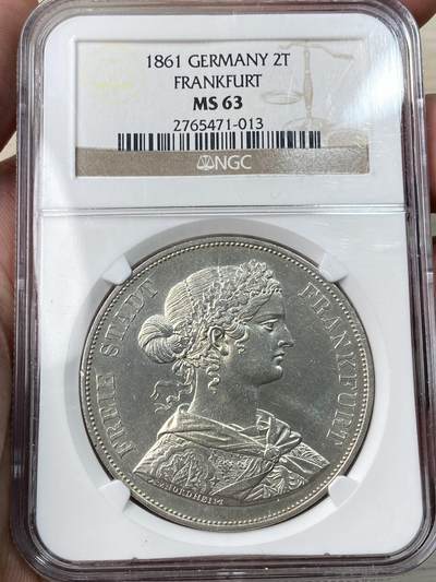 万国钱币拍卖第057期（万国冬季大拍） - NGC MS63 1861年德国法兰克福少女流通2泰勒 经典NGC老盒法兰城少女2T 银霜转光极美收藏级
