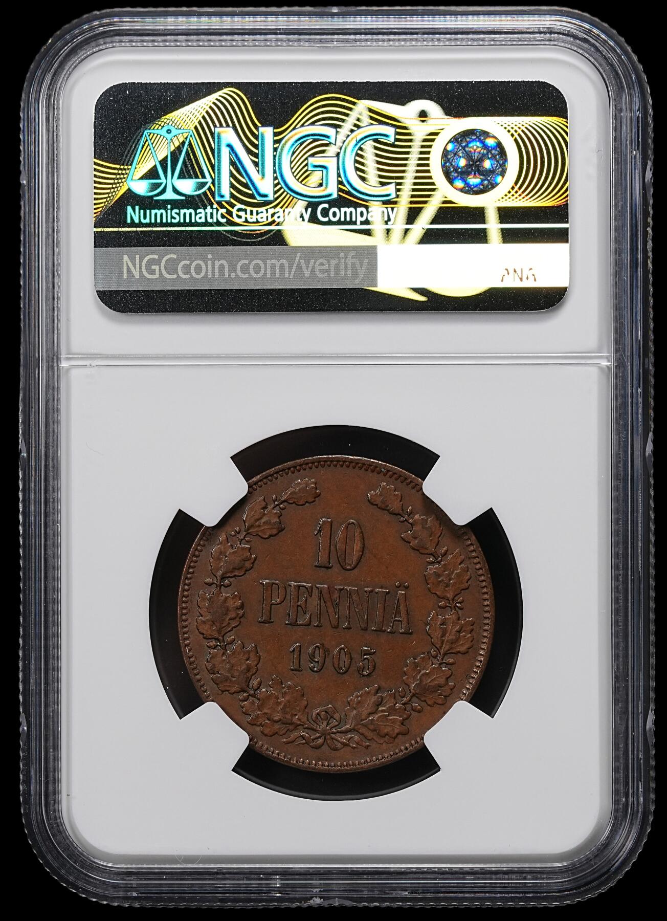 修遠堂世界钱币第九十七期 NGC AU55BN 1905年芬兰10盆尼铜币 少见年份 书价高