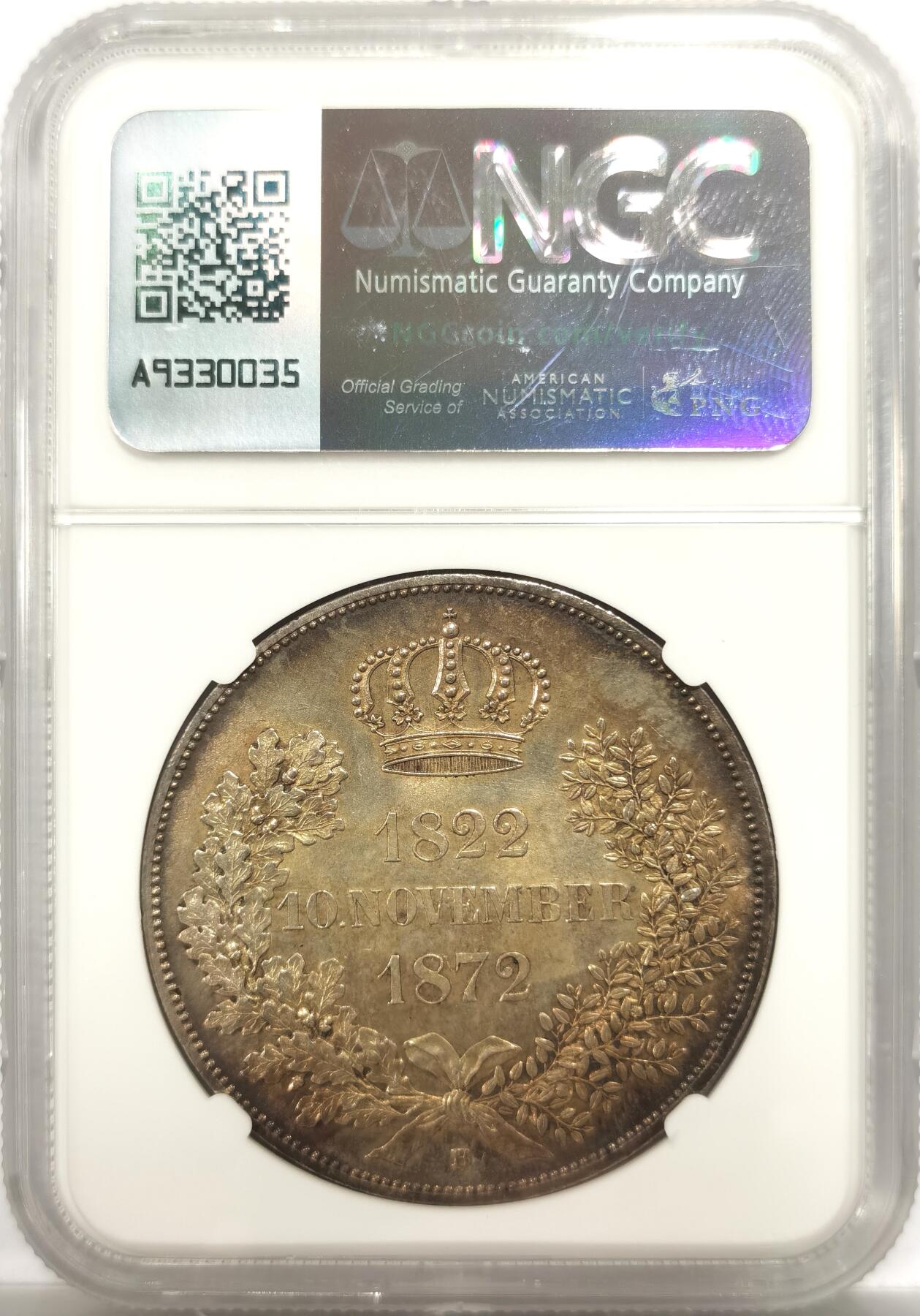 博洋堂世界钱币拍卖第151期（全场包邮） NGC MS62 德国萨克森1872年金婚纪念2泰勒大银币，金色包浆好状态！