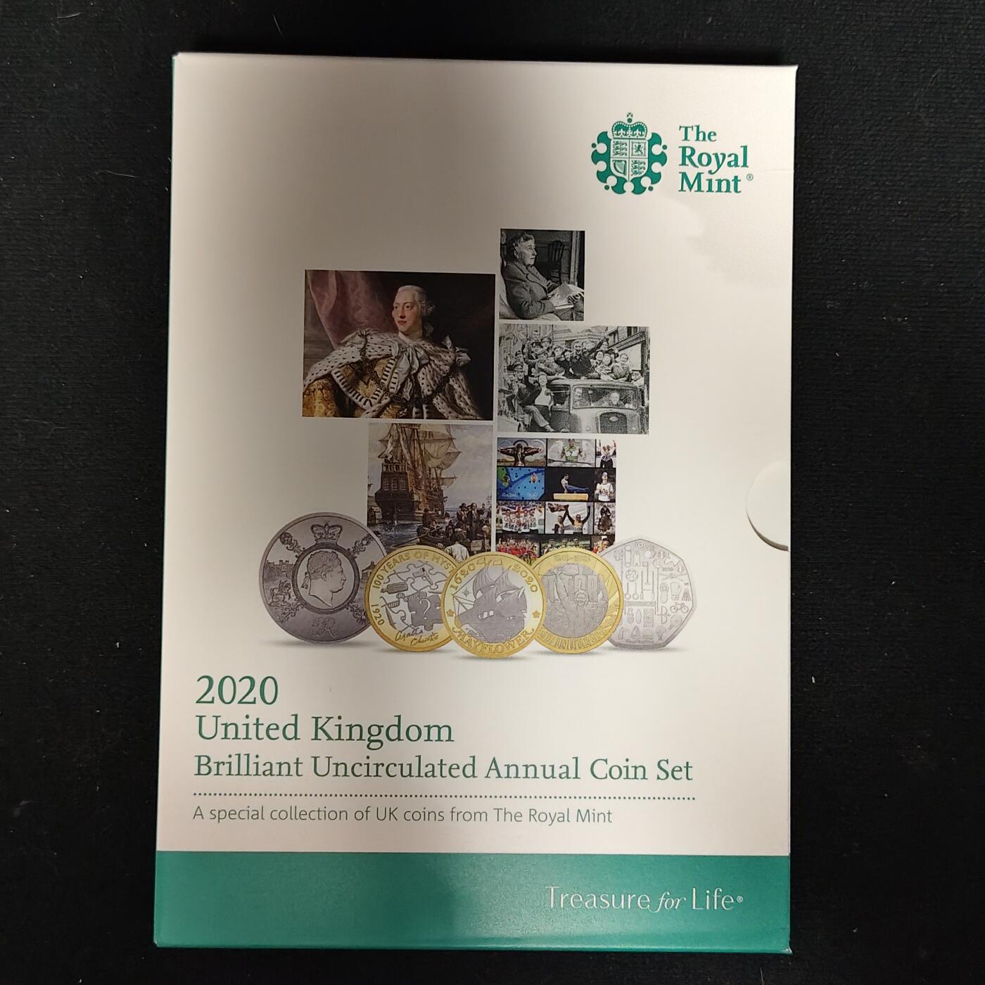 【全场包邮】纯粹捡漏拍485场（免费代拍第22场） 英国2020年官方封装套币-含盾徽版套币+5镑乔治三世逝世200周年+2镑欧洲胜利日75周年+2镑阿加莎·克里斯蒂女士第一部小说100周年+2镑五月花号400周年+50便士东京奥运会英国代表队5枚纪念币