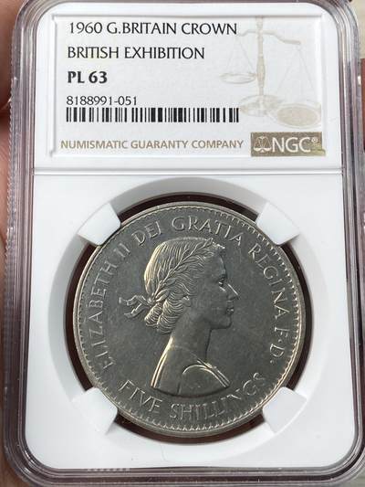 万国钱币拍卖第057期（万国冬季大拍） - NGC PL63 1960年英国伊丽莎白二世1克朗镍币 纪念英国世界博览会