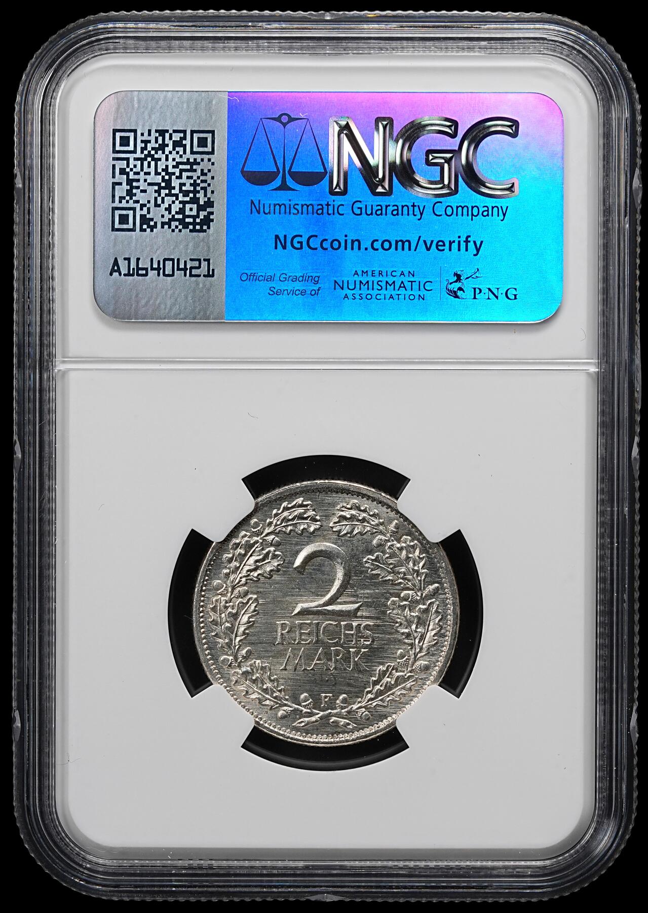 修遠堂世界钱币第九十七期 NGC MS64 1925年德国魏玛政府2马克银币 F厂铭 较少见年代厂铭