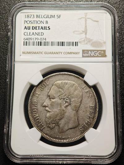 【德藏】世界币章拍卖第157期（拍品征集中~欢迎藏友联系） - 1873年 比利时5法郎银币 NGC AU 状态安逸