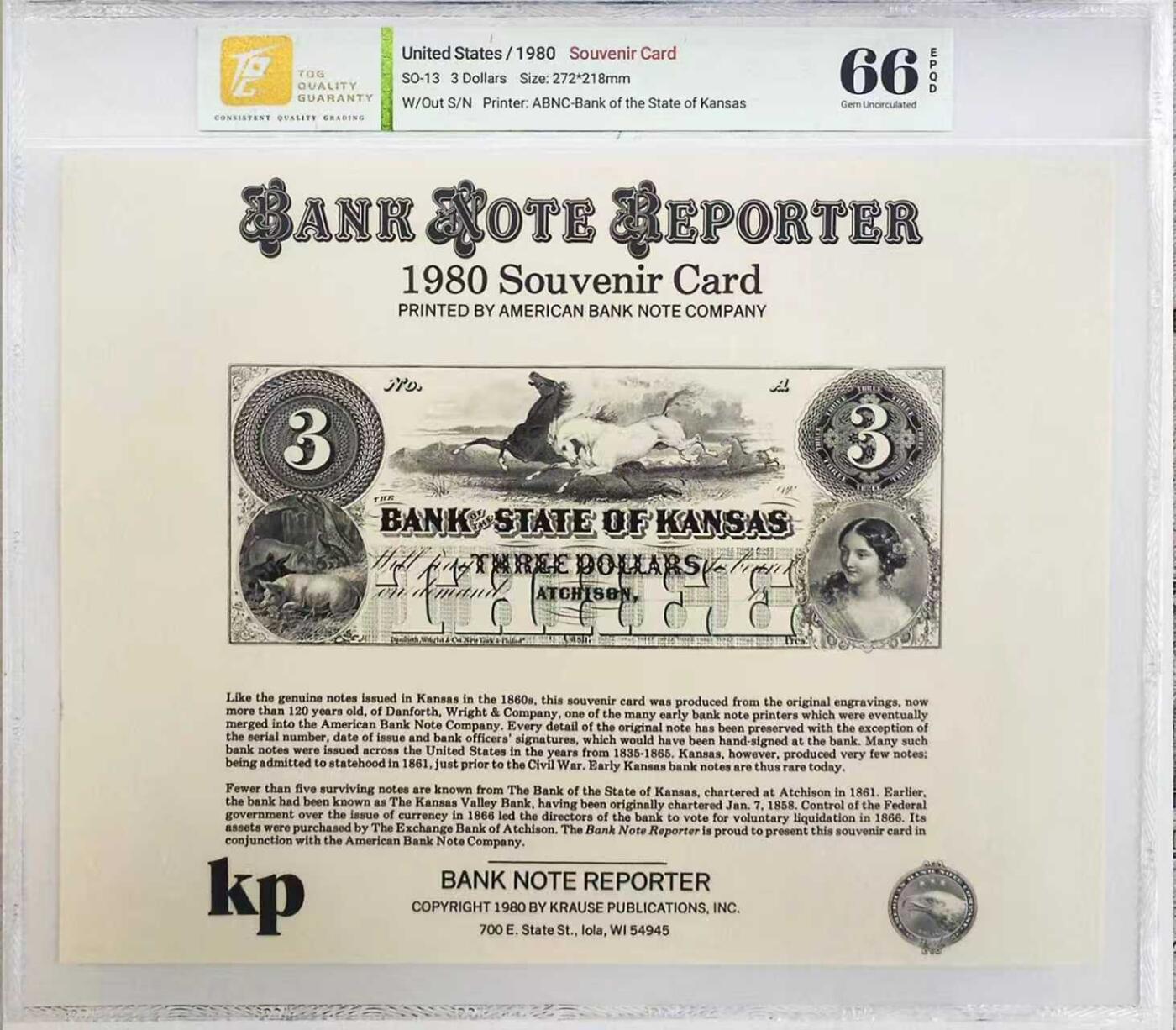 《外钞收藏家》第五百九十三期（精品场）（本平台长期征集拍品、欢迎藏友们联系合作） 好 1980年 美国钞票公司（ABNC）印制 3美元 雕刻版票样纪念卡 原版纸币1860 年间由美国堪萨斯州州立银行阿奇森（Atchison，Bank of the State of Kansas）发行流通 该雕刻版票样纪念卡为百年原钞凹版母版印制（非普通平面印刷）并以极小规模限量发行 背面为美钞公司总裁认证签名 乃高价原版老美钞收藏欣赏研究之平替