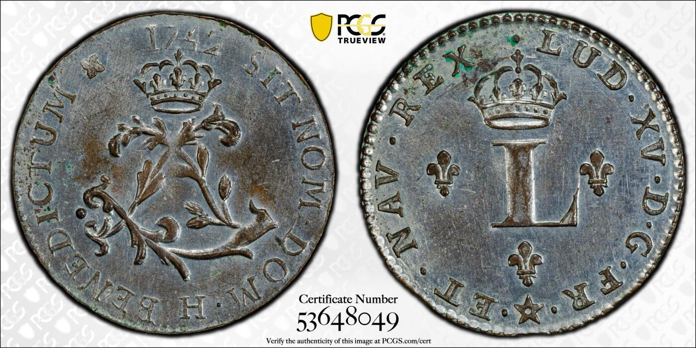 博洋堂世界钱币拍卖第151期（全场包邮） PCGS UNC 法属殖民地1742年1Sou，稀见品种，正面皇冠月桂枝，环绕拉丁文“愿主的名受祝福”，背面代表法国王室的三朵鸢尾花徽章，环绕拉丁文“愿主的名受赞颂”