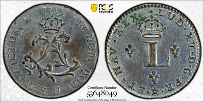 博洋堂世界钱币拍卖第151期（全场包邮） - PCGS UNC 法属殖民地1742年1Sou，稀见品种，正面皇冠月桂枝，环绕拉丁文“愿主的名受祝福”，背面代表法国王室的三朵鸢尾花徽章，环绕拉丁文“愿主的名受赞颂”
