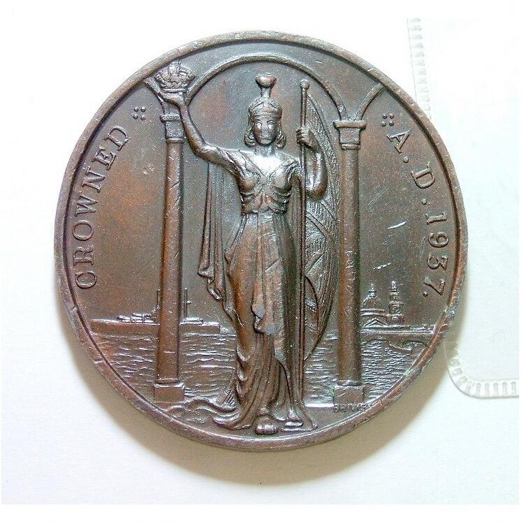 英国1937年 乔治六世和皇后+海神高浮雕精制大铜章 45MM