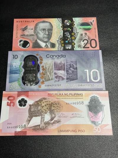 《外钞收藏家》第五百九十三期（精品场）（本平台长期征集拍品、欢迎藏友们联系合作） - 澳大利亚20元+加拿大10元+菲律宾50比索 三张一起 全新UNC