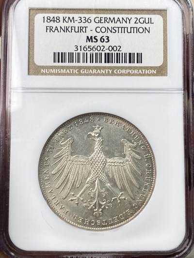 万国钱币拍卖第057期（万国冬季大拍） - NGC MS63 1848德国法兰克福自由市宪法纪念2古尔登银币 德系老藏家出品 双面鹰徽设计 原味银霜淡彩NGC老白盒状态极佳