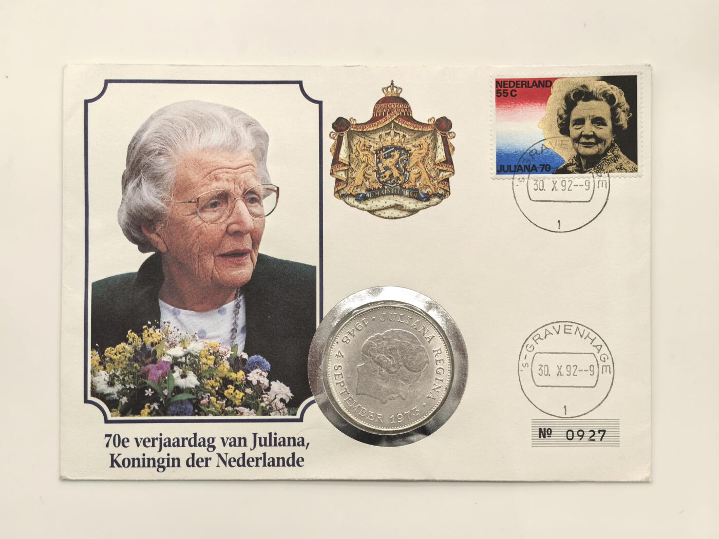 博洋堂世界钱币拍卖第151期（全场包邮） 1973年荷兰朱莉安娜女王登基25周年纪念币10盾银币 邮票封