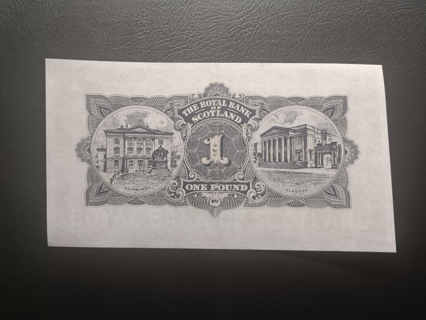 2025十二月第三期，总208期 苏格兰皇家银行1956年AUNC，不列颠女神和拿花女神/爱丁堡和格拉斯哥的分行，早期大票幅版本